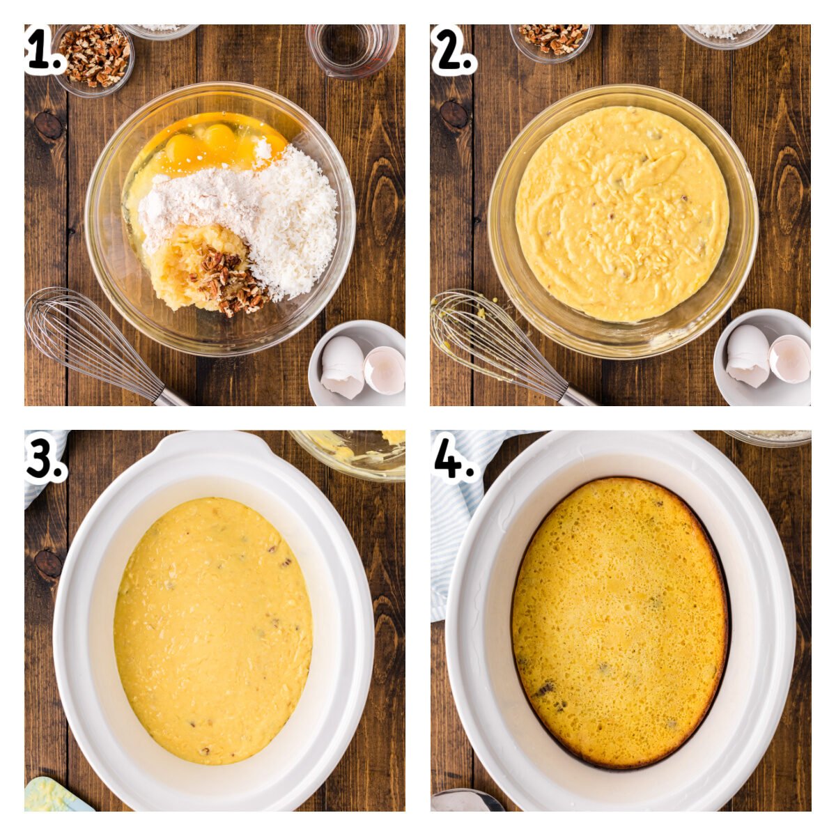 Four images showing how to make coconut cake in the slow cooker.