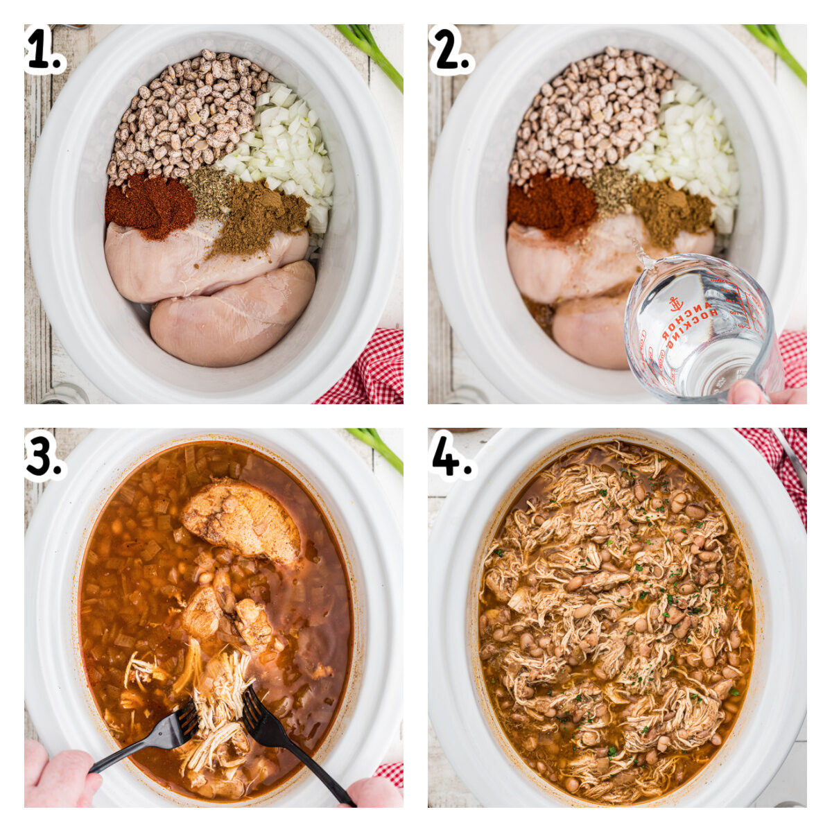 Four images showing how to make pinto beans and chicken.