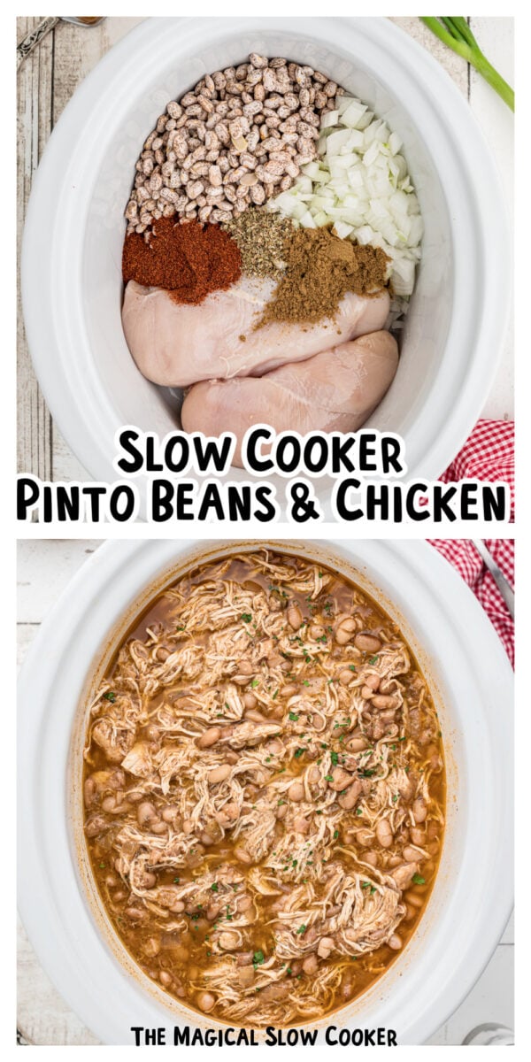 2 images of pinto beans and chicken.