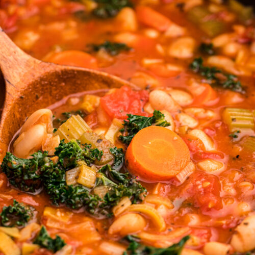 close up of ribollita soup with kale.