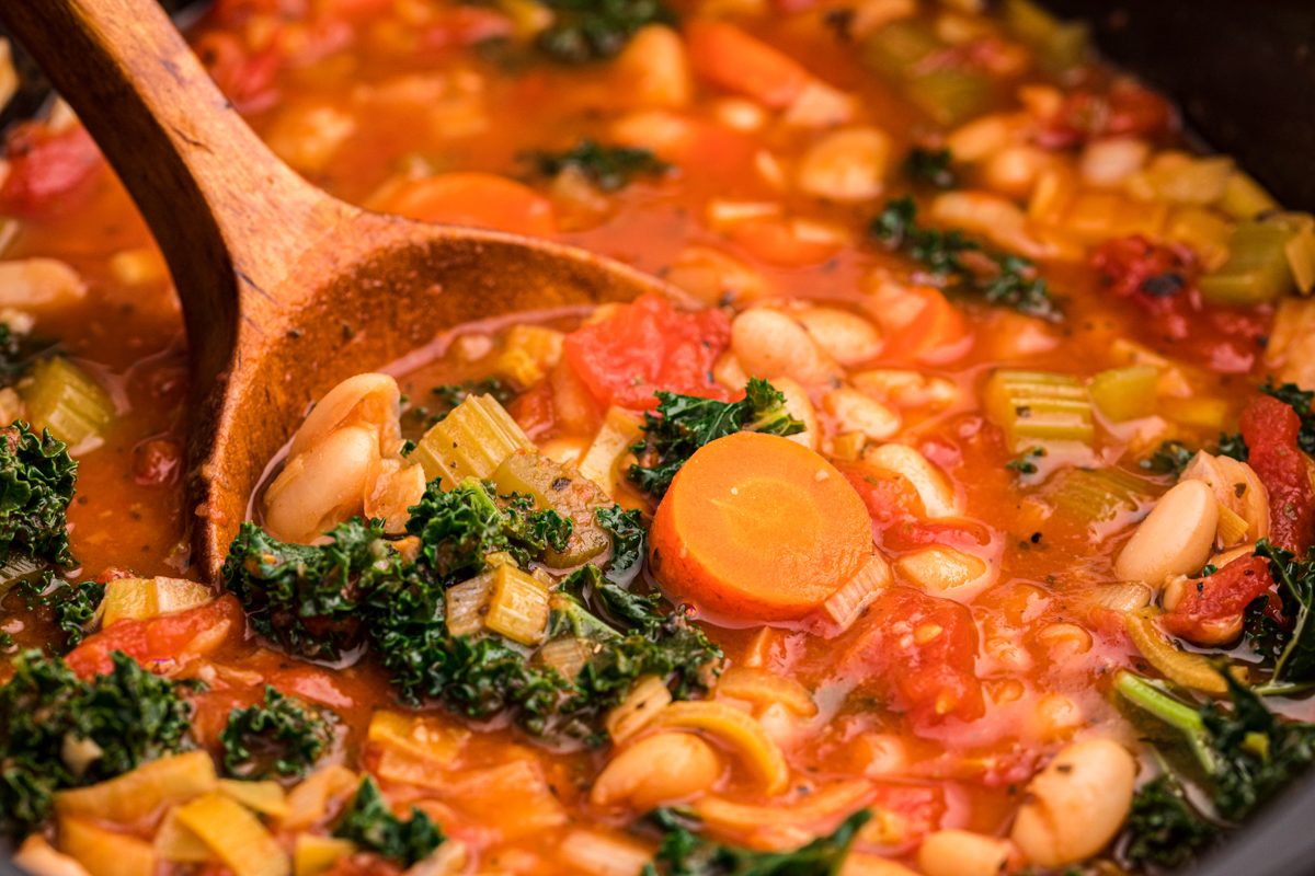 close up of ribollita soup with kale.