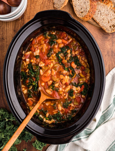 RIbollita soup in a slow cooker on a spoon.