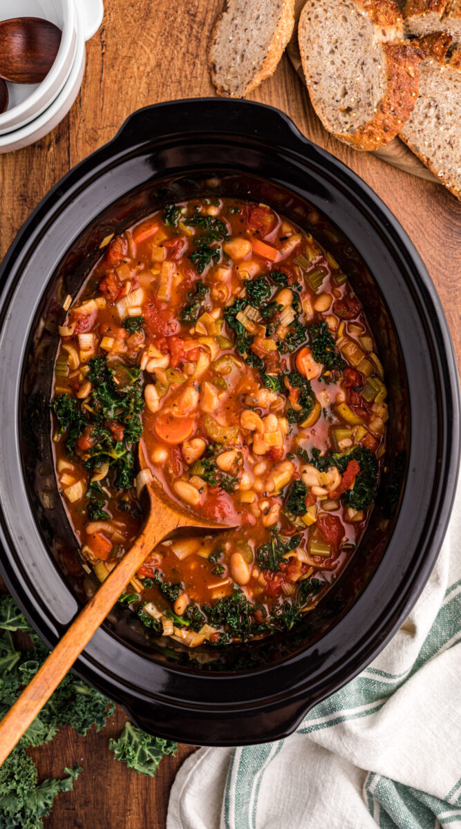 Long image of ribollita with bread on the side.