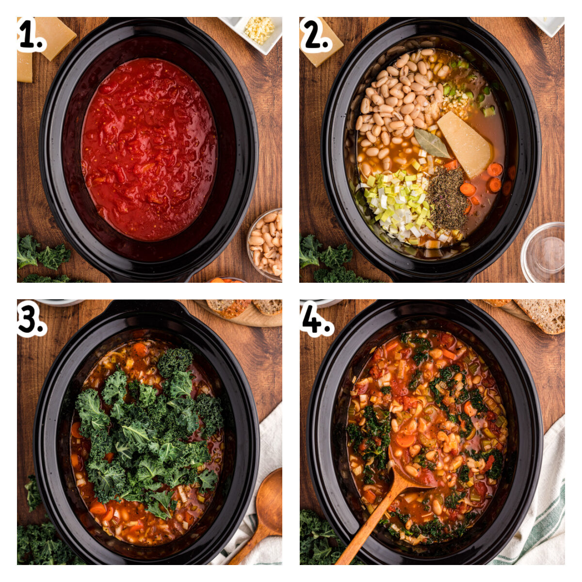 Four images showing how to make ribollita soup in a crockpot.