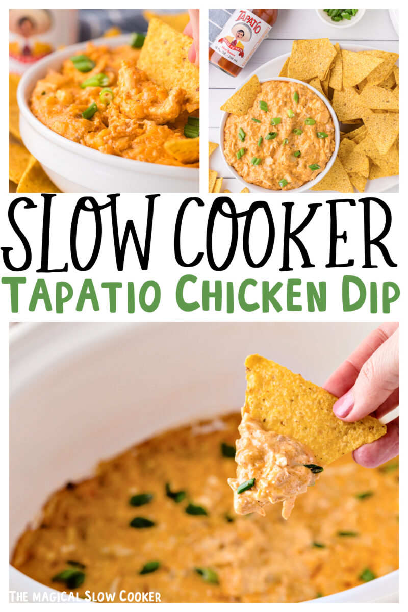 collage of tapatio chicken dip for pinterest with text.