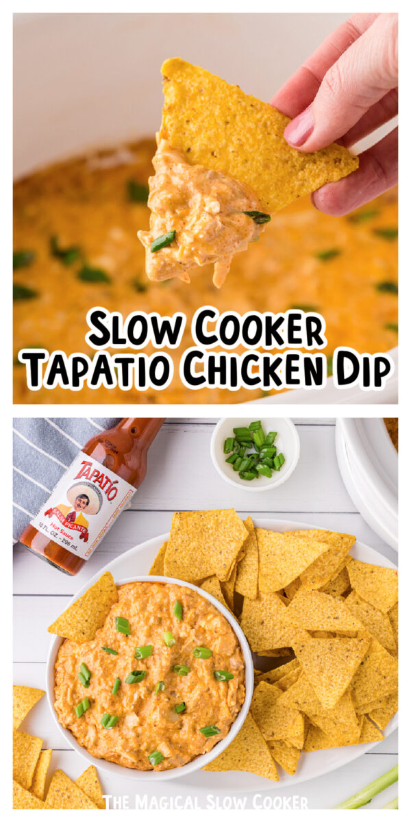 2 images of cooked tapatio chicken dip for pinterest.