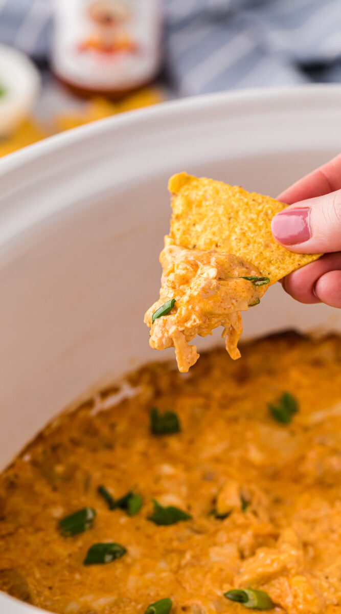 Long image of tapatio chicken dip for pinterest.