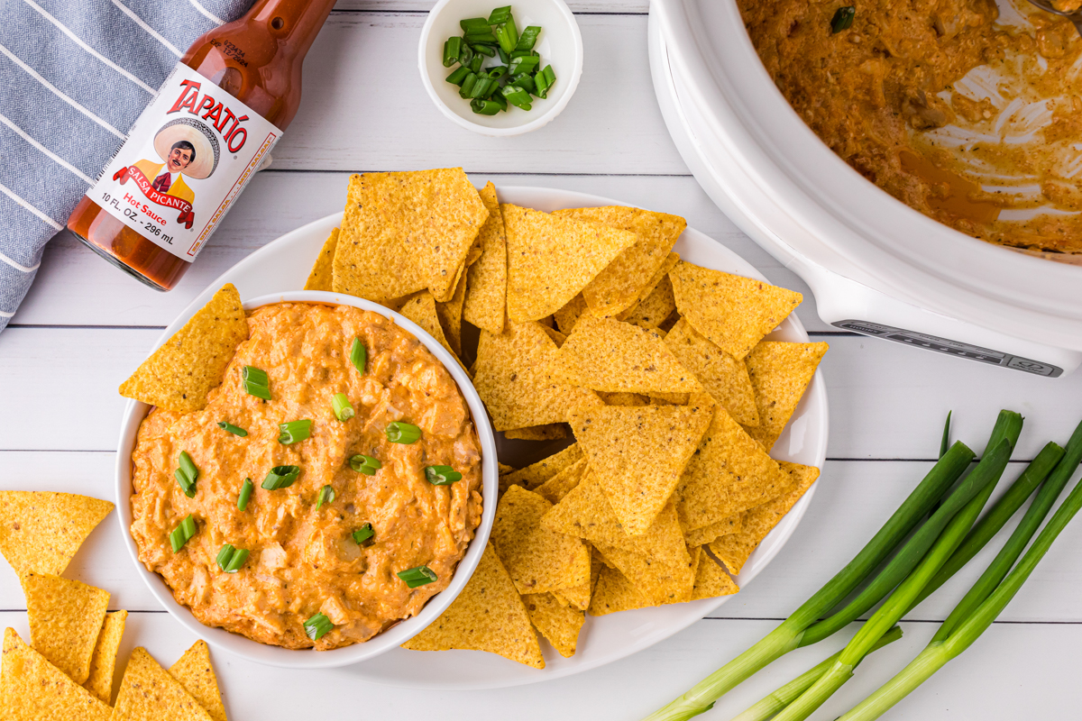 overhead shot of tapatio chicken dip in a bowl.