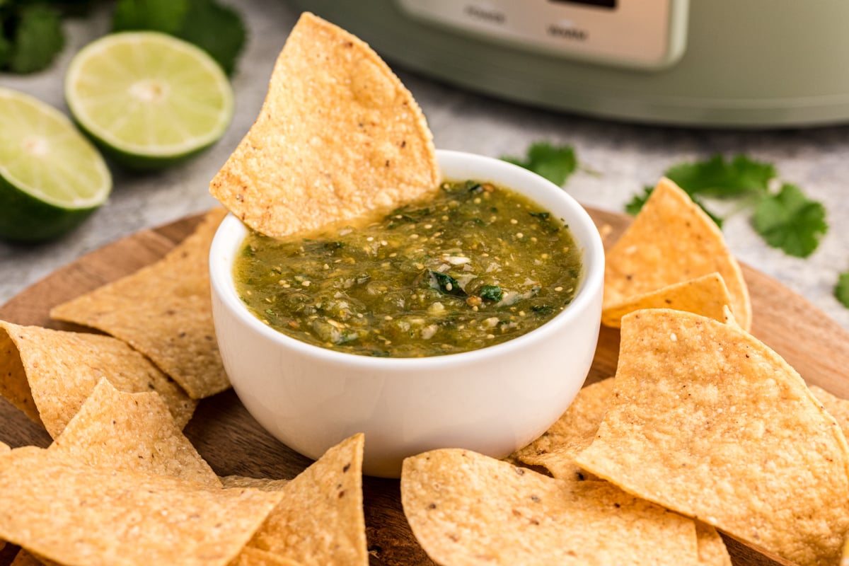 chips and green salsa.