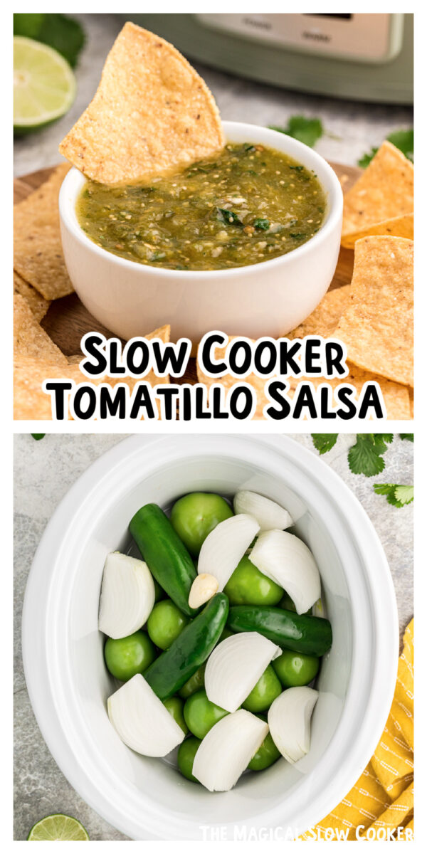 2 images of tomatillo salsa with text for pinterest.