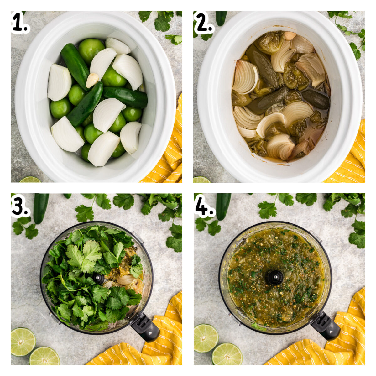 Four images showing how to make tomatillo salsa in a crockpot and then blend it.