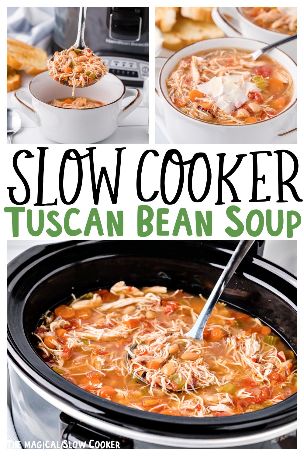 collage of tuscan white bean soup images with text overlay for pinterest.