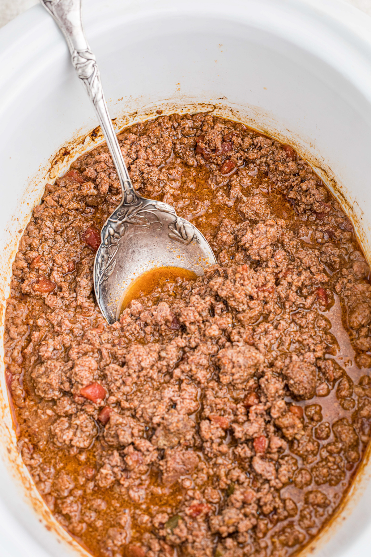 venison taco meat in a slow cooker.