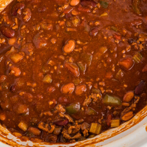 wendy's style chili in a slow cooker, close up.