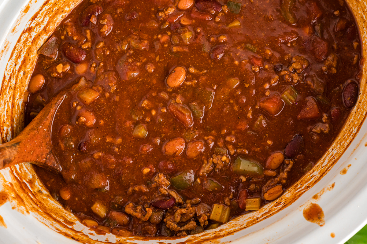 wendy's style chili in a slow cooker, close up.