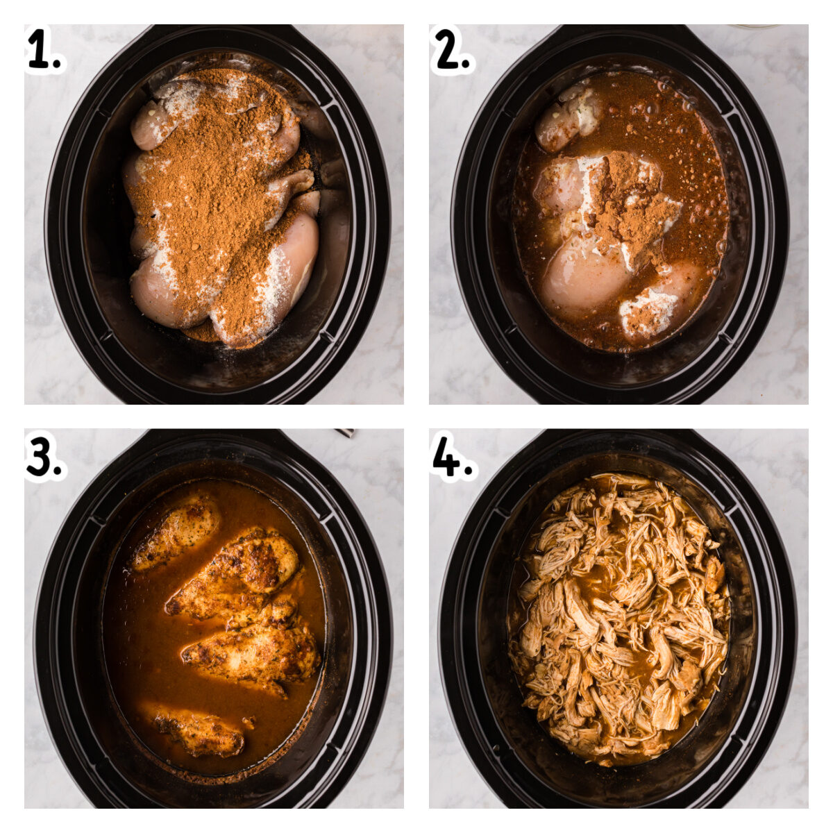 Four images showing how to make cool ranch tacos in a crockpot.