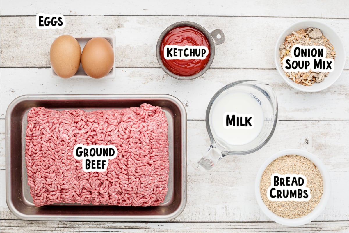 ingredients for lipton onion meatloaf on a table.