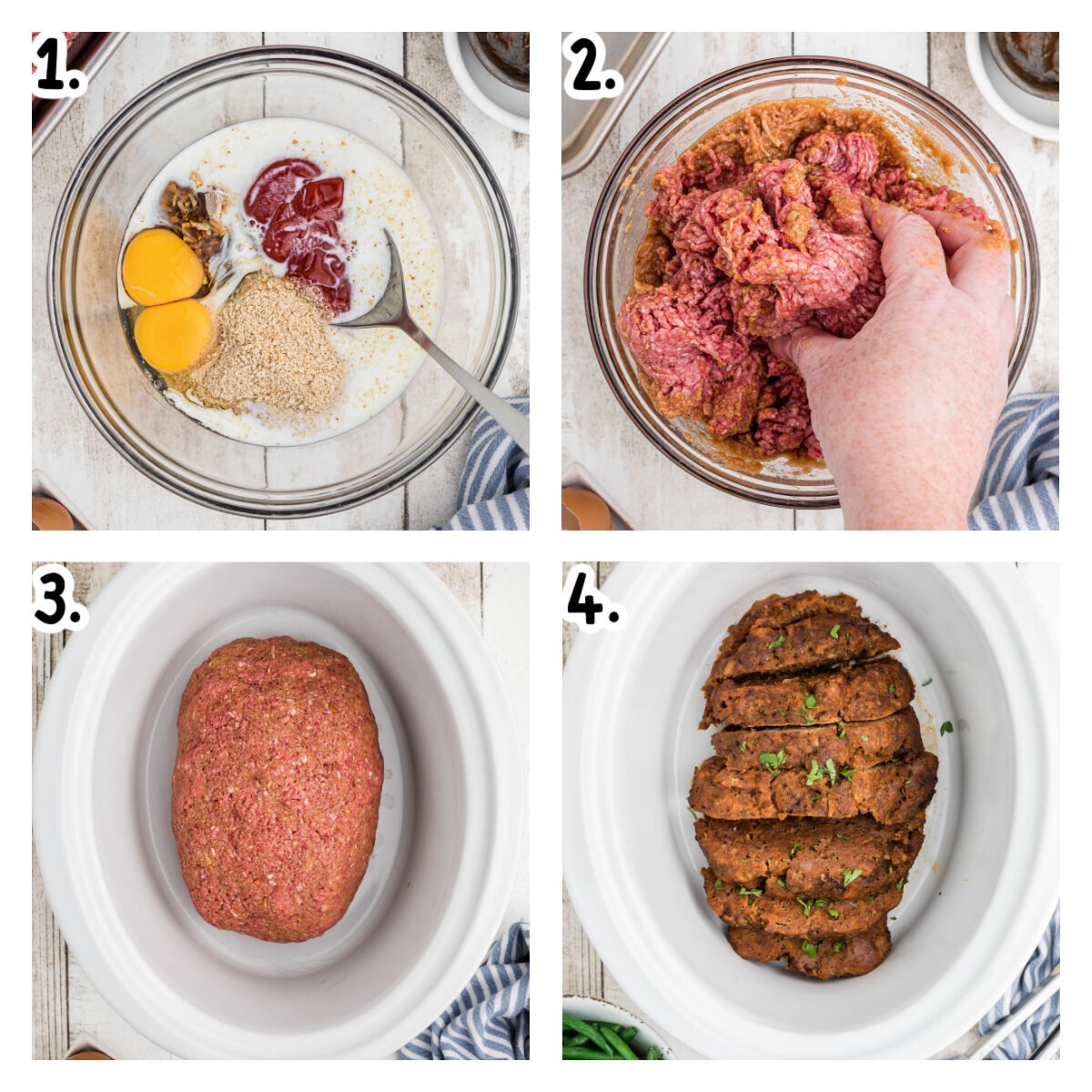 Four images showing how to assemble lipton onion meatloaf in a crockpot.
