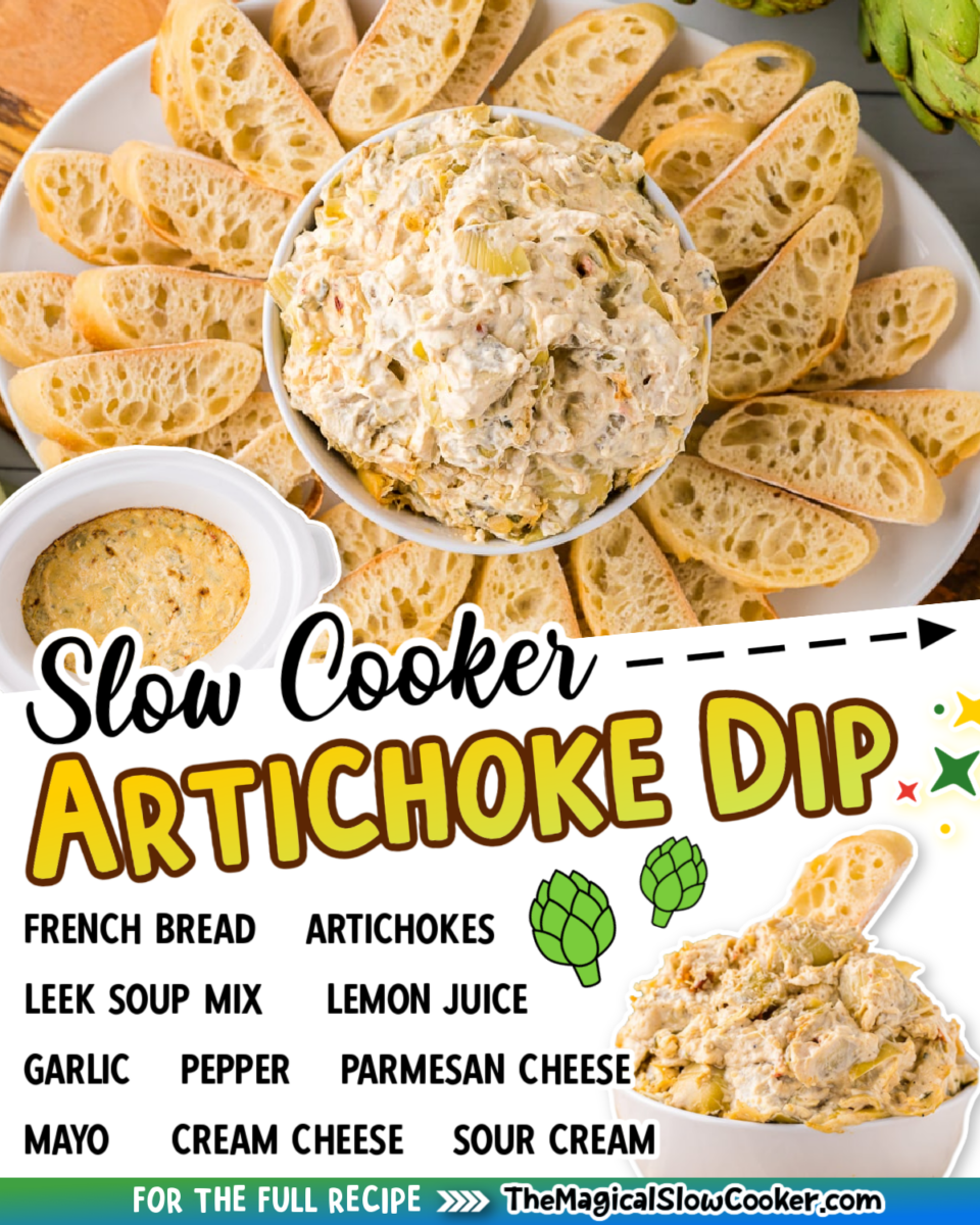 Artichoke dip images with text of what the ingredients are for Facebook.