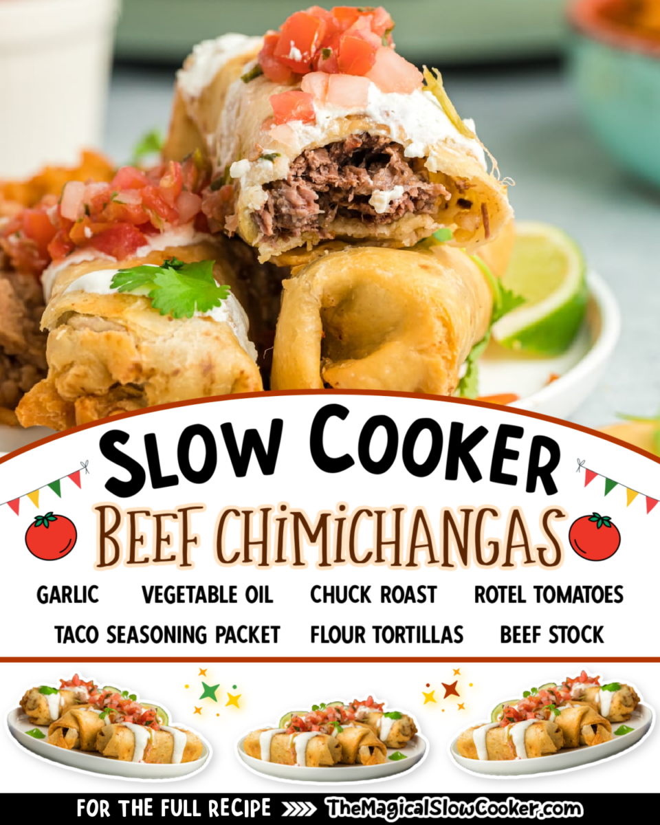 Beef chimichangas images with text of what the ingredients are for facebook.