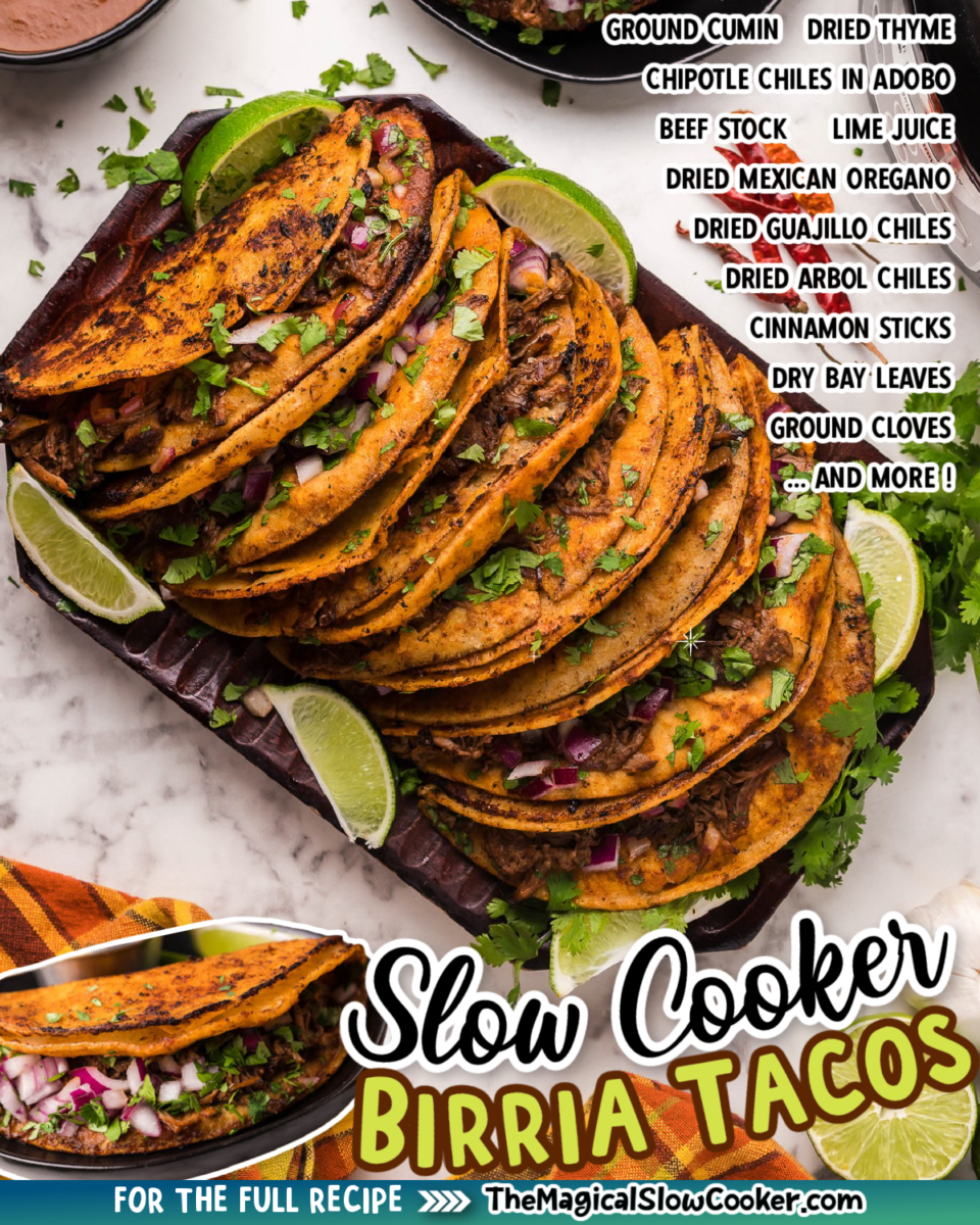 Birria Tacos images with text of what the ingredients are for facebook.