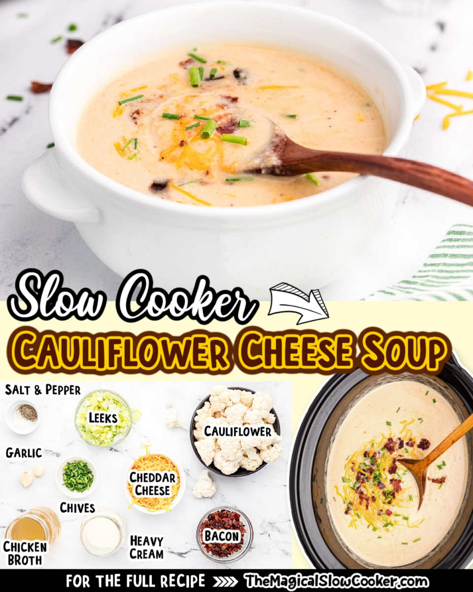 Cauliflower Cheese Soup images with text of what the ingredients are for facebook.