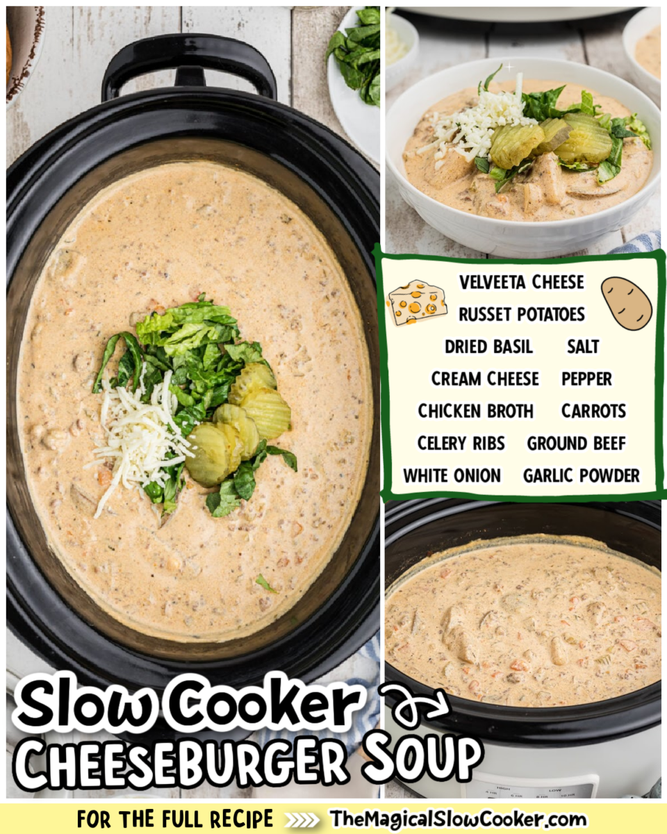 Cheeseburger soup images with text of what the ingredients are for facebook.