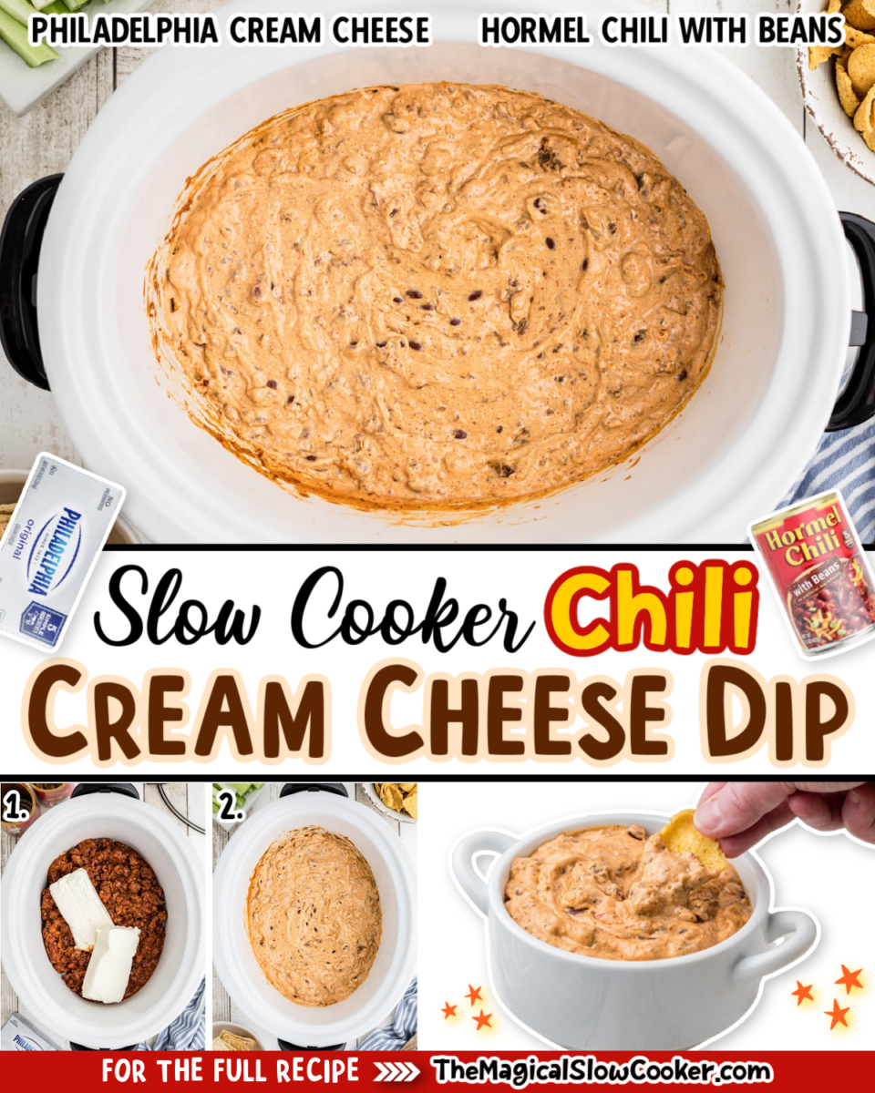 Chili Cheese Dip images with text of what the ingredients are for facebook.