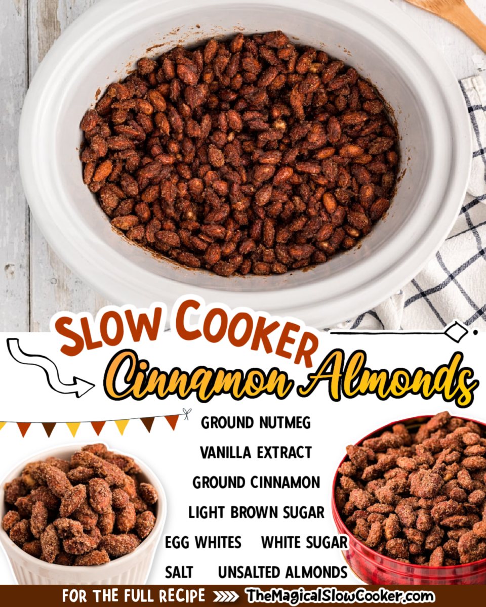 Cinnamon Almonds images with text of what the ingredients are for facebook.