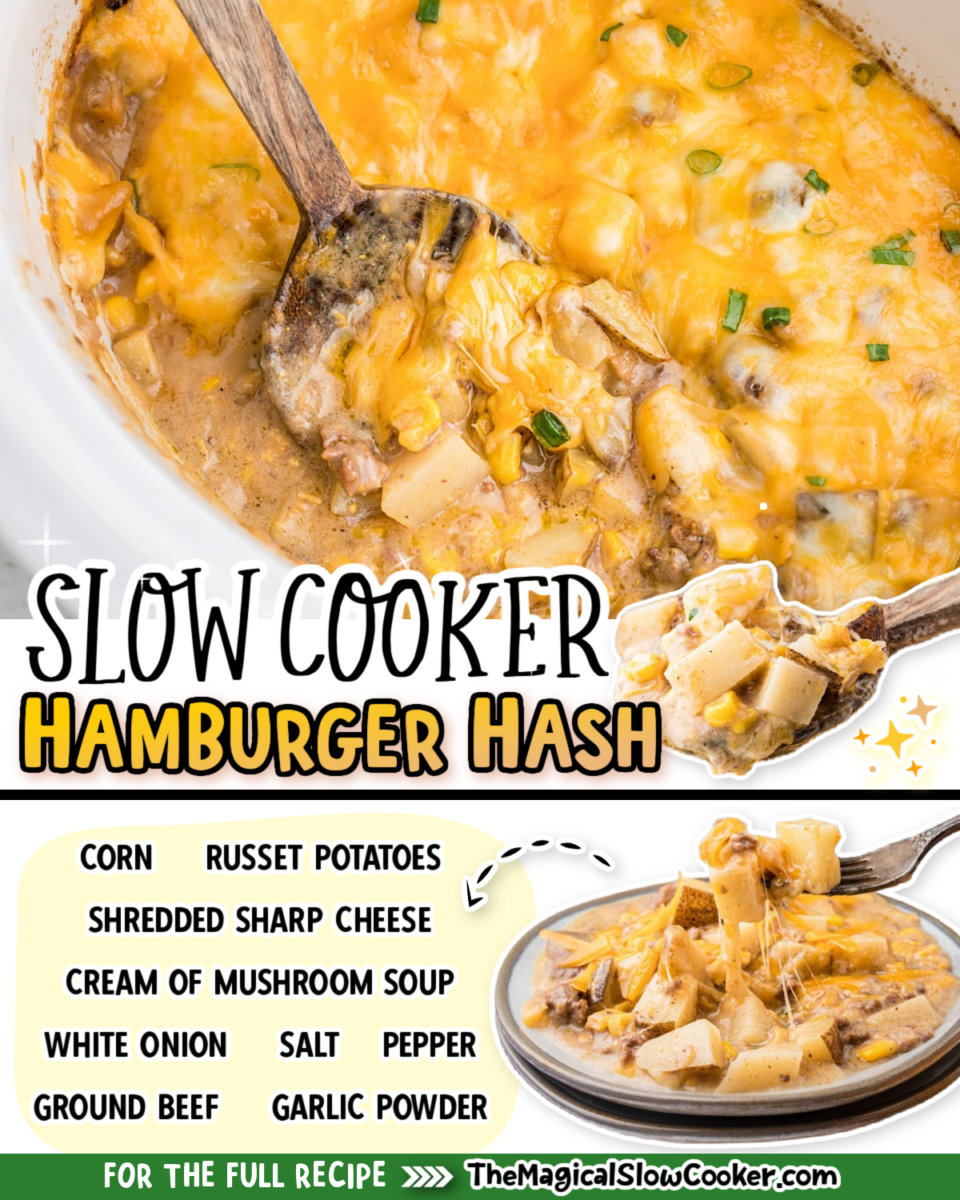 Hamburger Hash images with text of what the ingredients are for facebook.