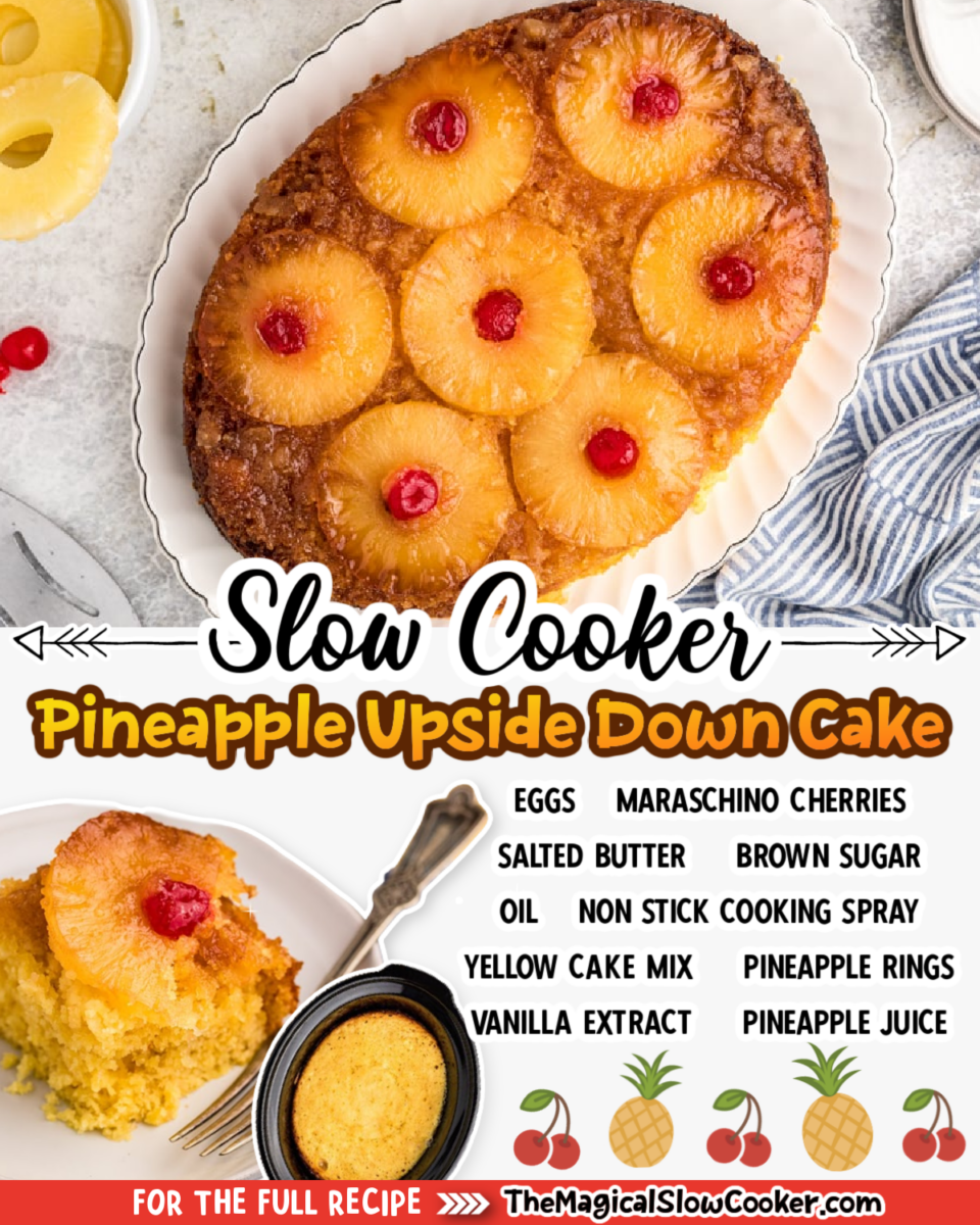 Pineapple upside down cake images with text of what the ingredients are for facebook.