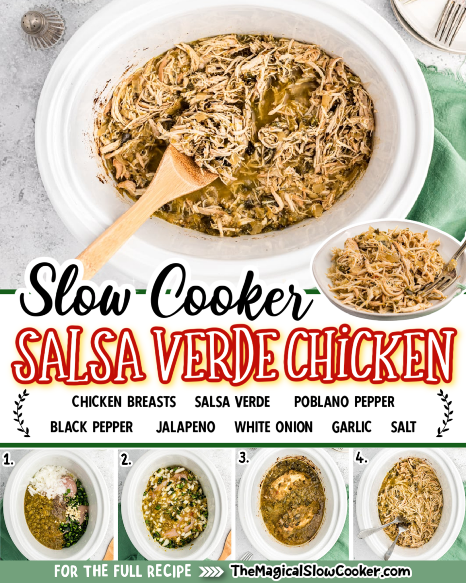 Salsa Verde Chicken images with text of what the ingredients are for facebook.