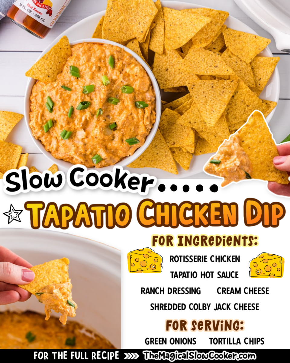 Tapatio Chicken Dip images with text of what the ingredients are for facebook.