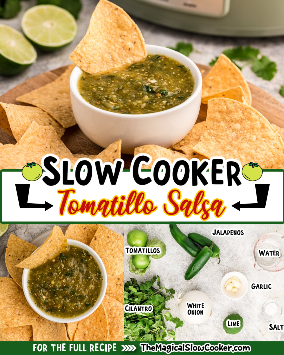Tomatillo Salsa images with text of what the ingredients are for facebook.