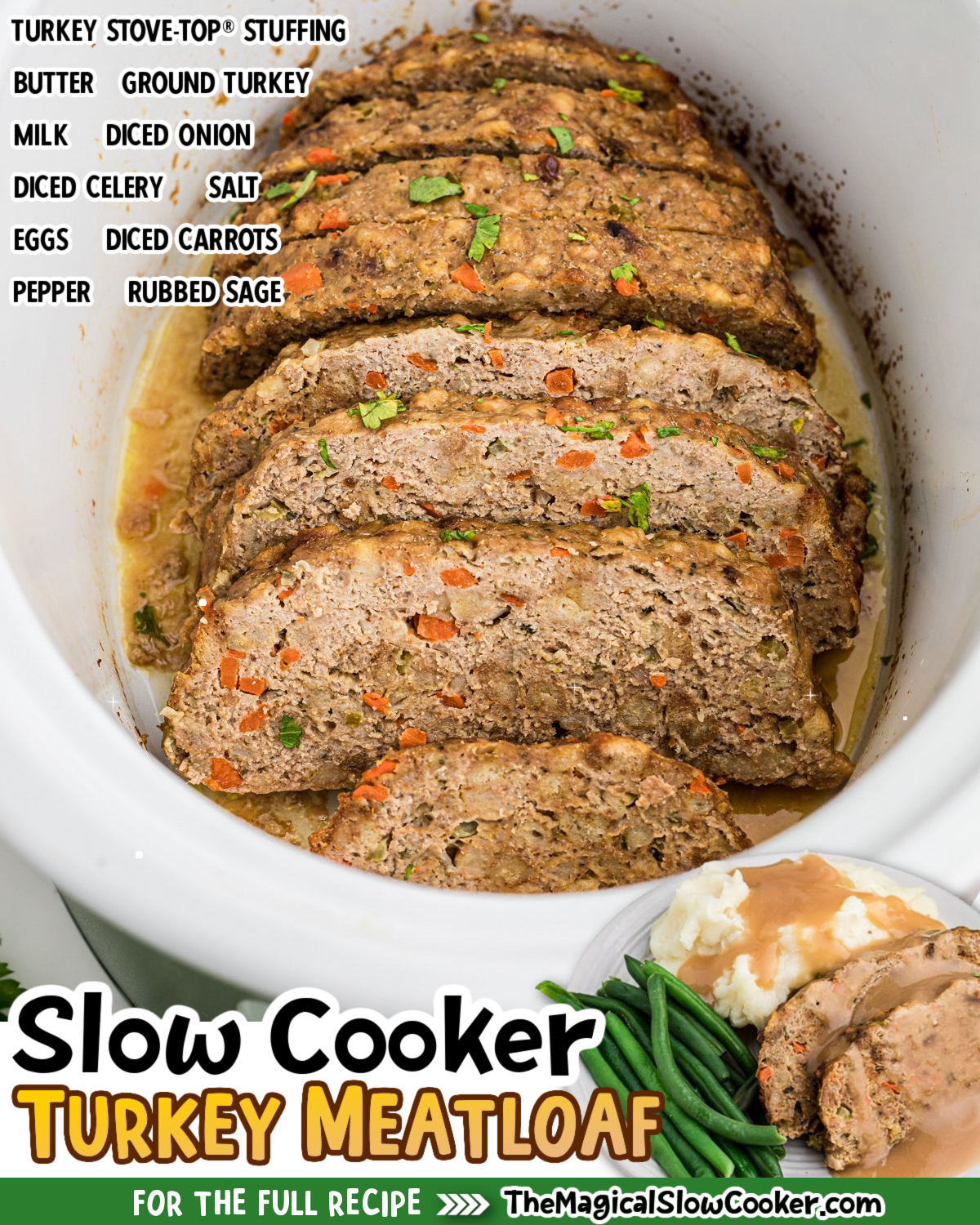 Turkey Meatloaf images with text of what the ingredients are for facebook.