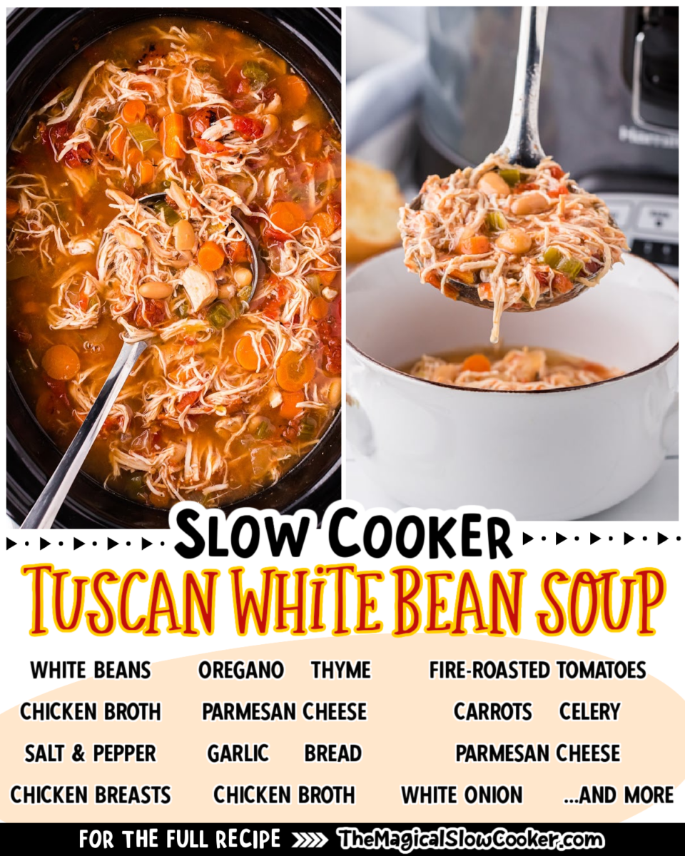 Tuscan White bean soup images with text of what the ingredients are for facebook.