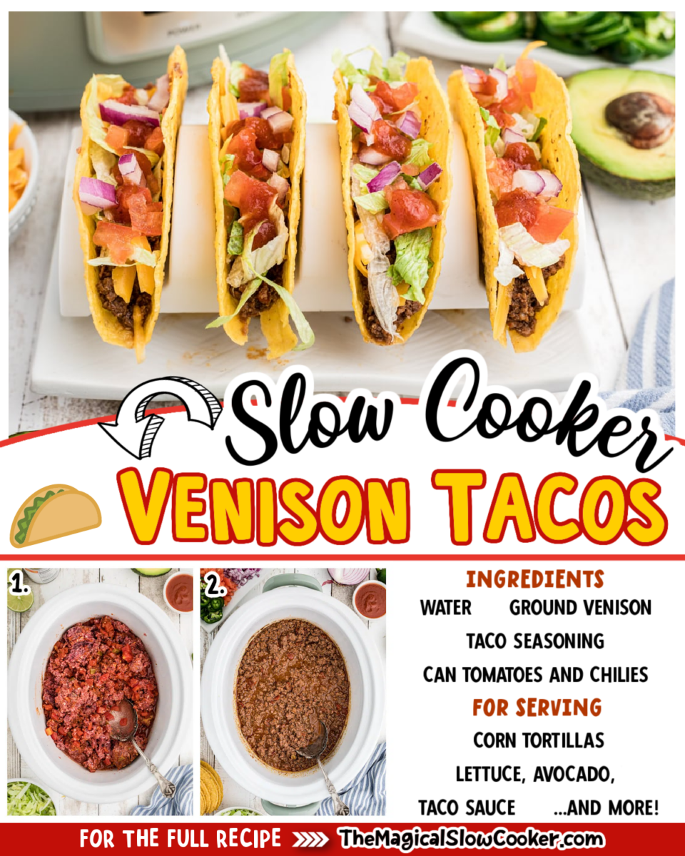 Venison tacos images with text of what the ingredients are for facebook.