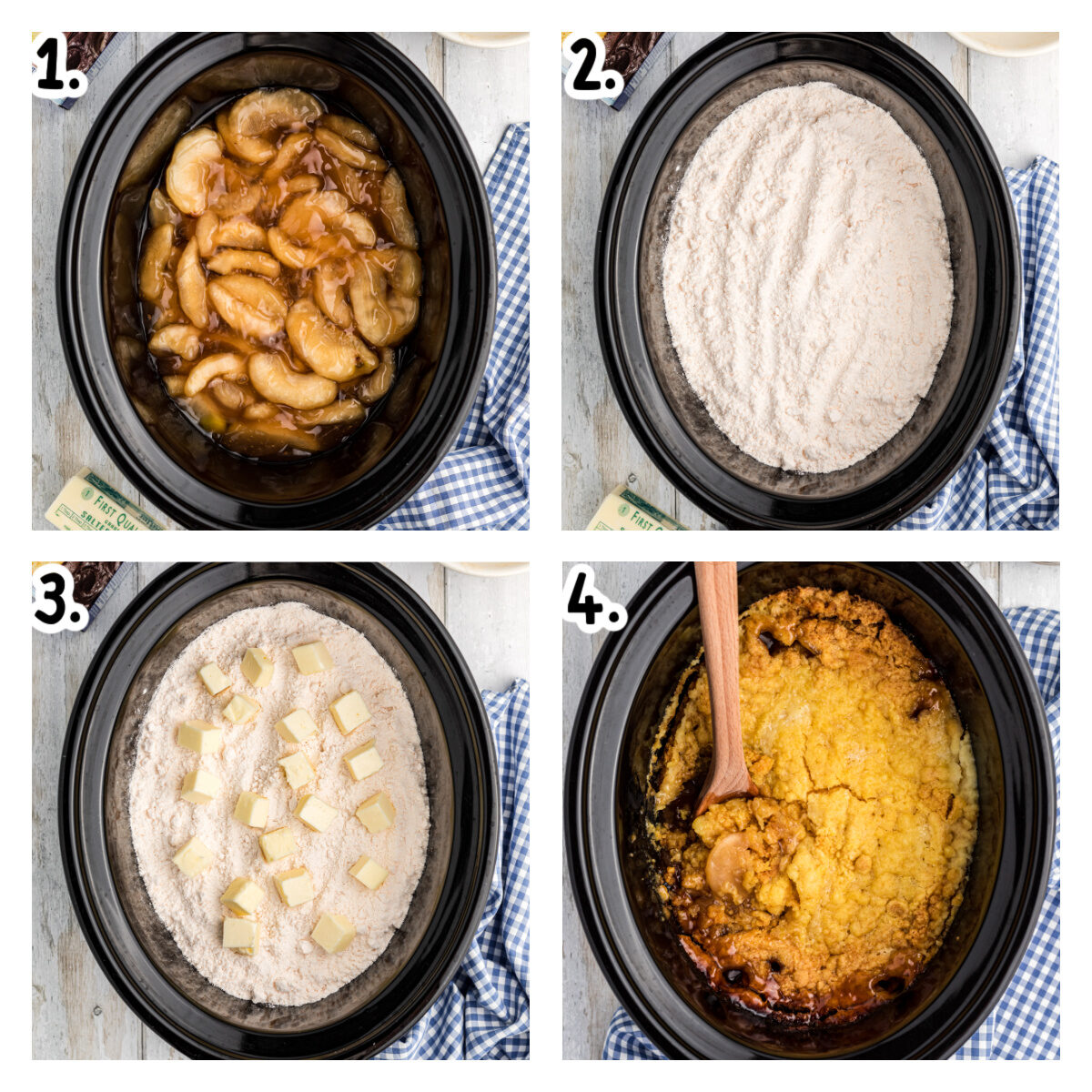Four images showing how to make apple dump cake in a slow cooker.