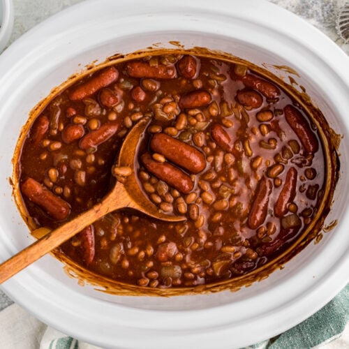 Baked beans and little smokies in a crockpot.