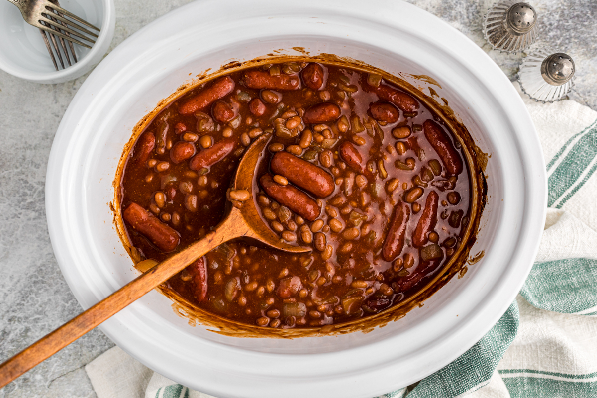 Baked beans and little smokies in a crockpot.