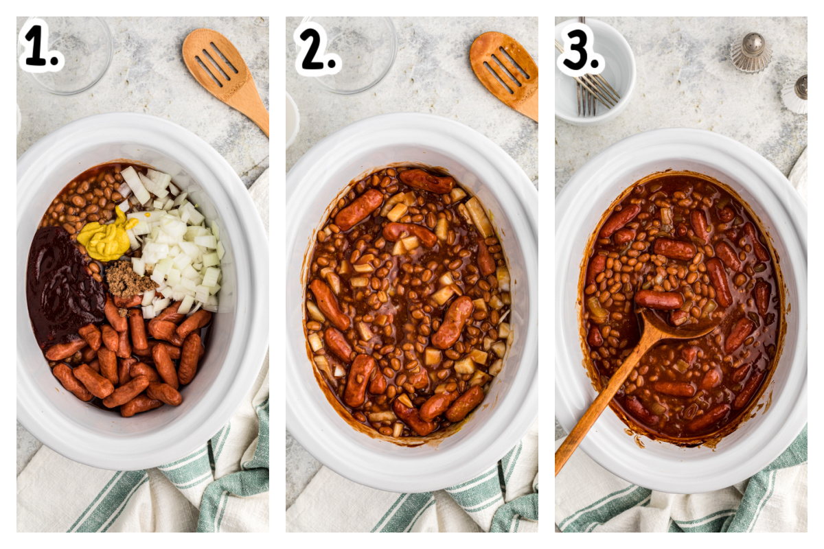 3 images showing how to make baked beans and little smokies in a crockpot.