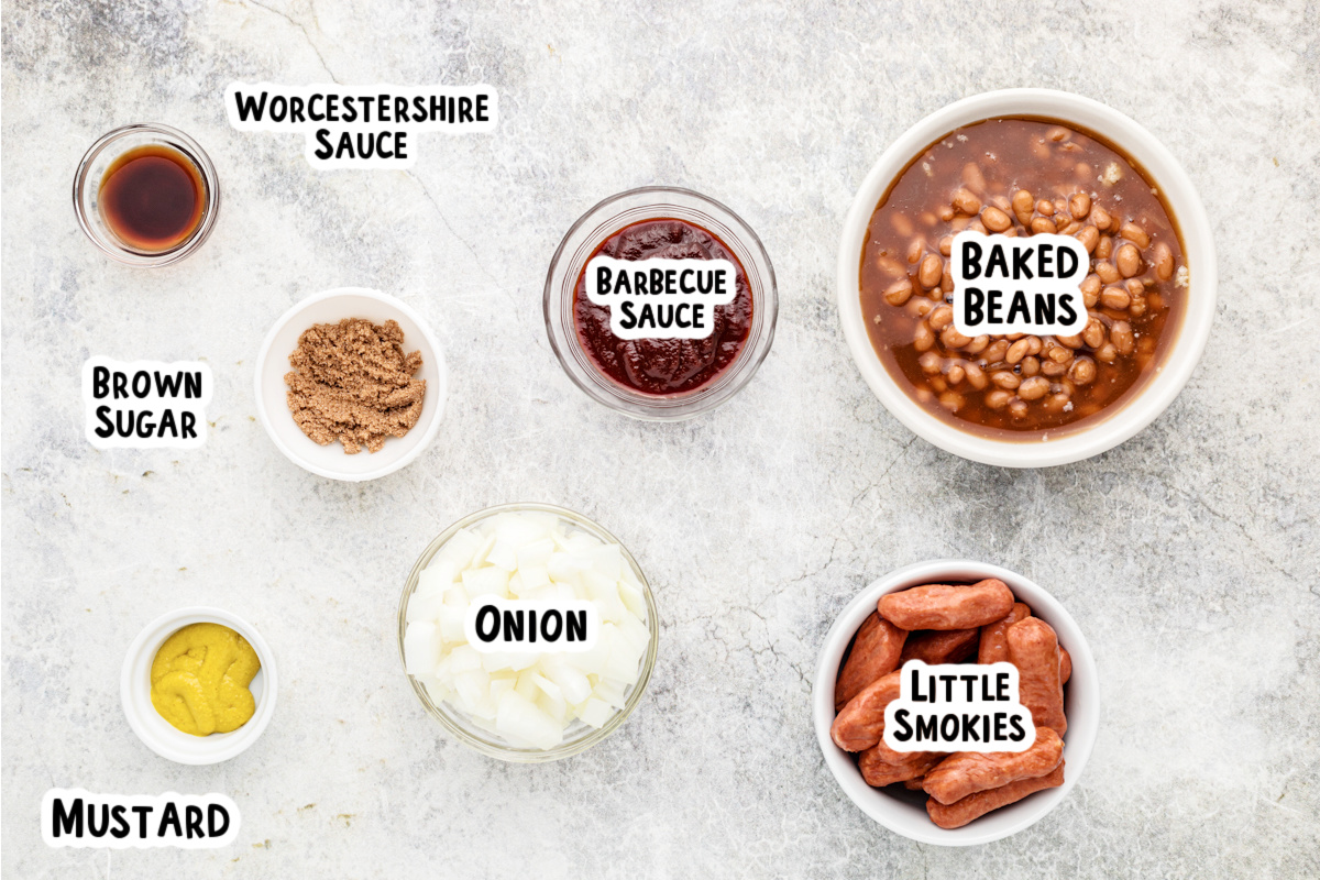 Ingredients for little smokes and baked beans on a table with text labels.