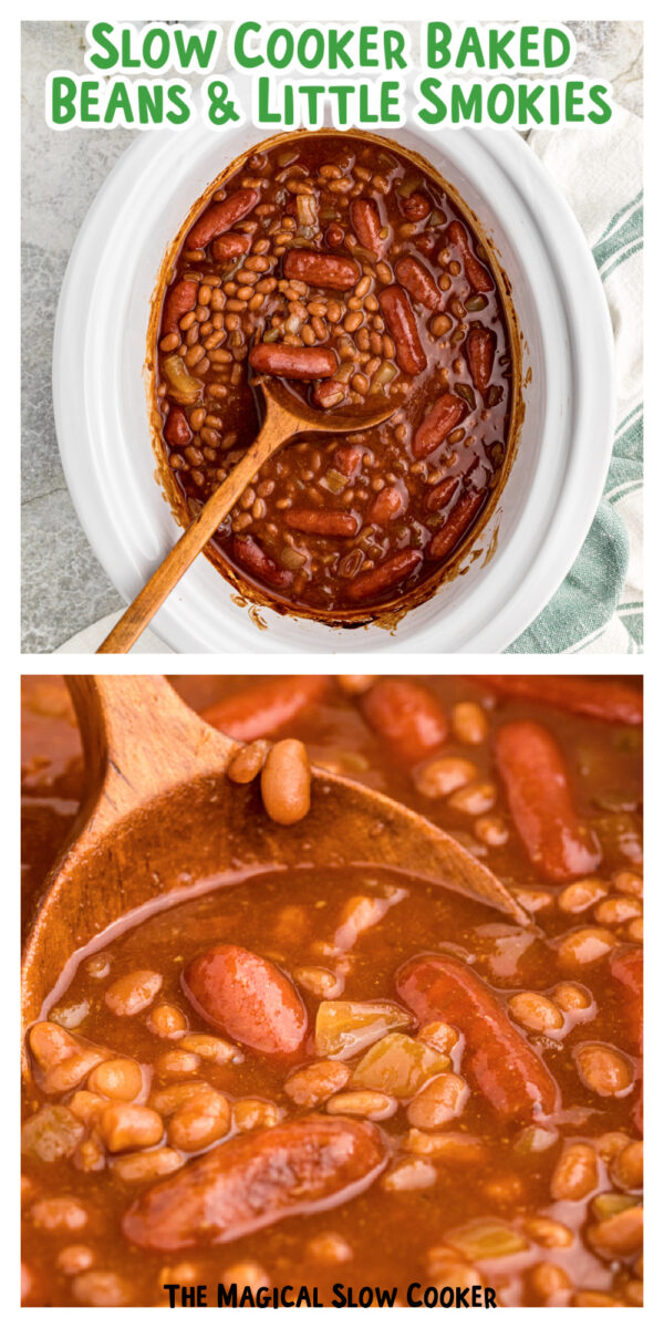 2 images of baked beans and little smokies for pinterest.