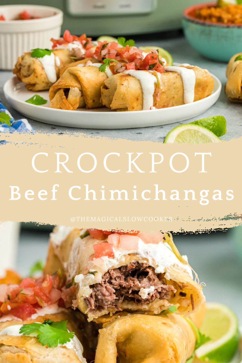 2 images of beef chimichangas.