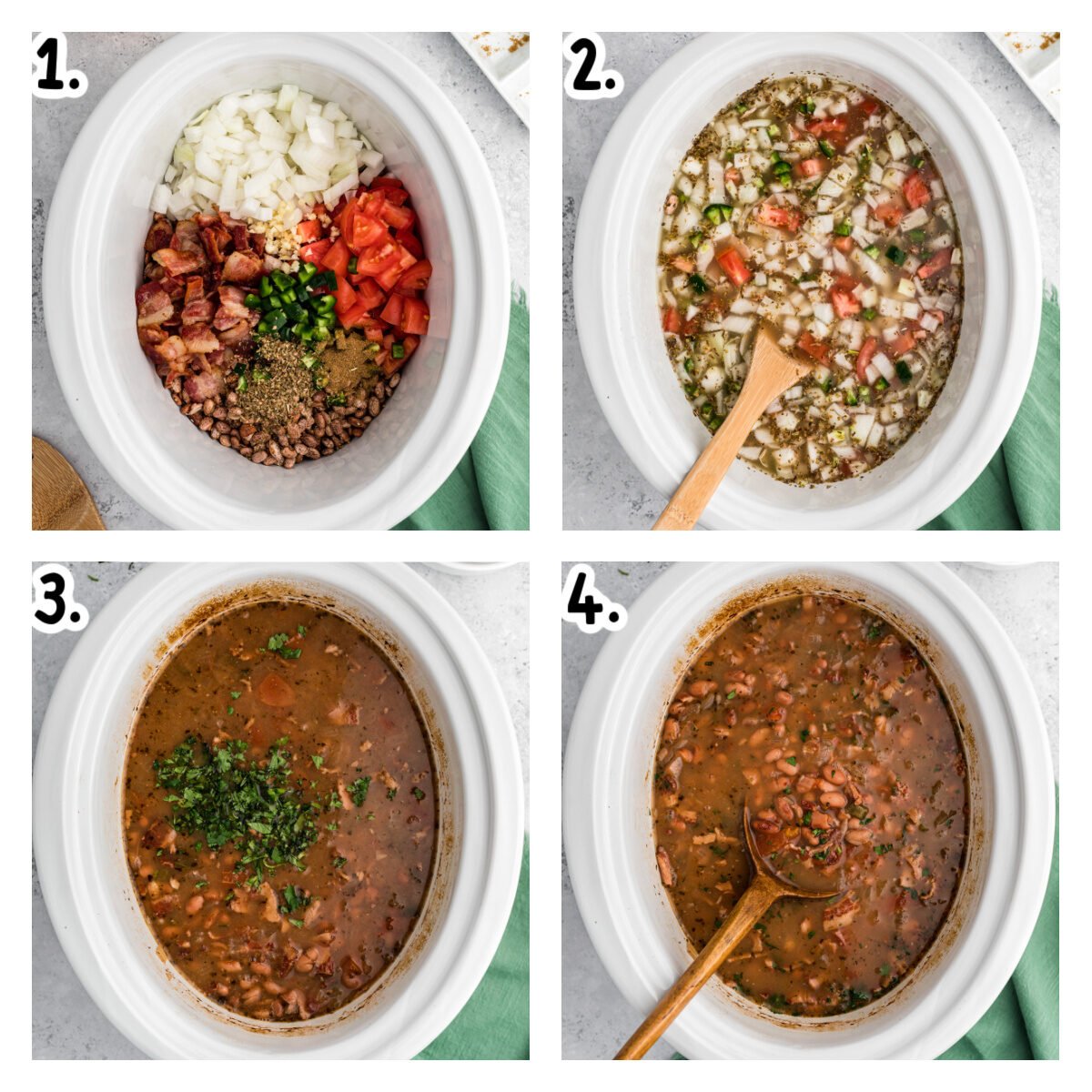 Four images showing how to make charro beans in a crockpot.