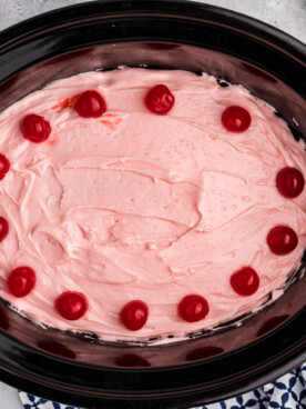 overhead shot of cherry cake.