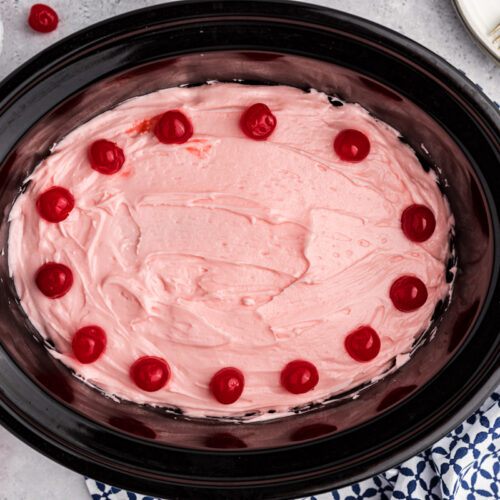 overhead shot of cherry cake.