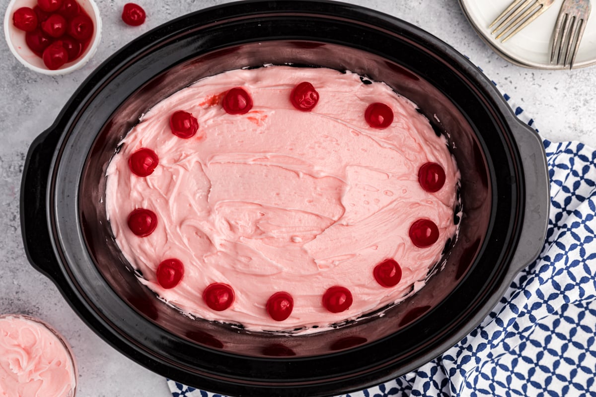 overhead shot of cherry cake.