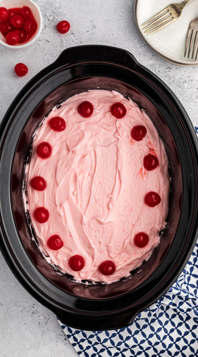 long image of cherry chip cake for pinterest.