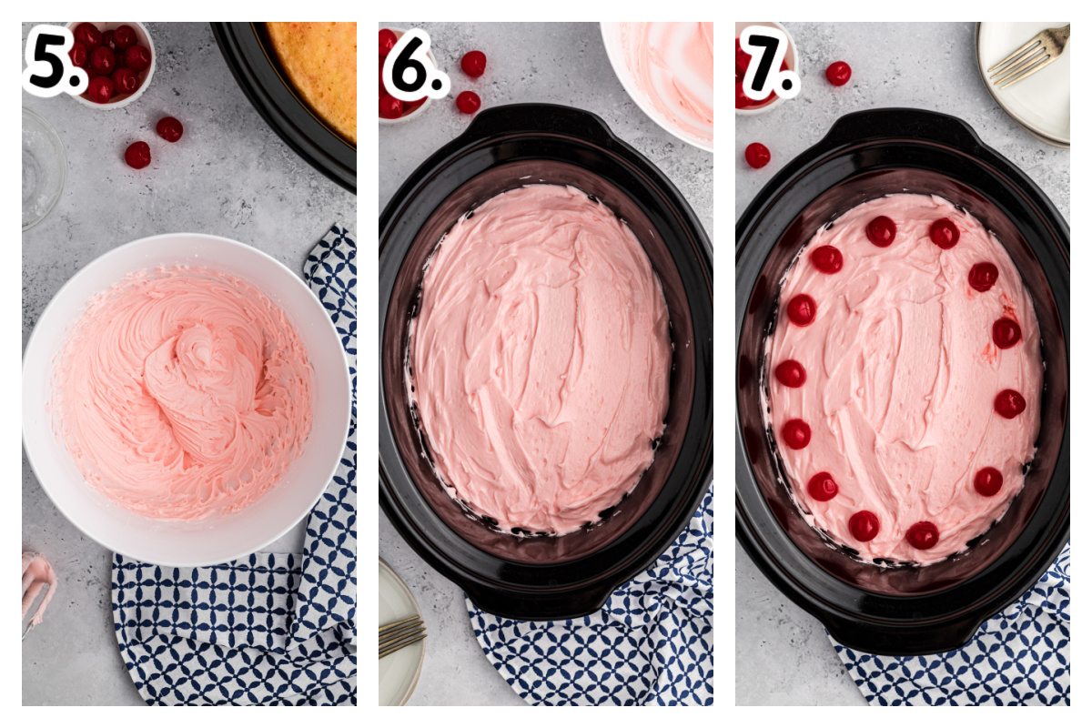 3 images showing how to make frosting and how to frost cherry cake.